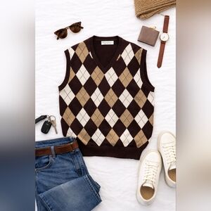 Golf Knickers Brown Argyle Grandpacore Sleeveless Sweater Golf Vest. Mens XL